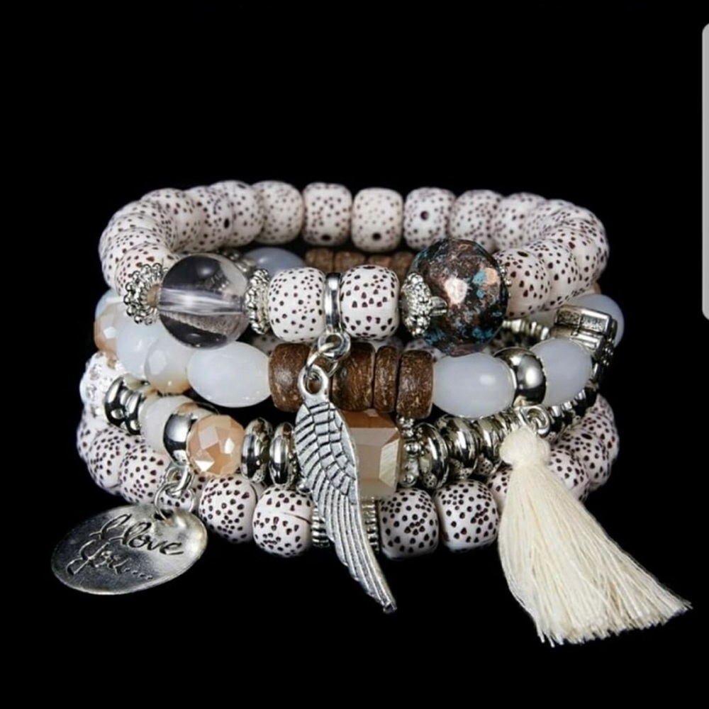 4 Piece Ivory Brown Grey Bracelet Set Wing Tassel I Love You
